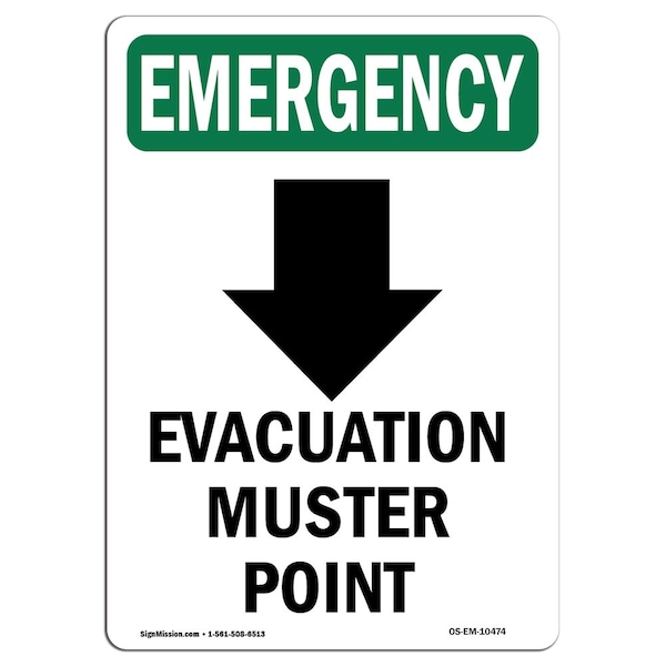 Safety Sign, OSHA EMERGENCY, 5" Height, Evacuation Muster, Portrait, 10PK